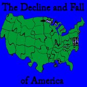 Map of a distorted America which links to a page about the decline and fall of America